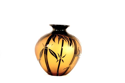 Amber and Black Bamboo Vase Short #8567 by Correia Art Glass