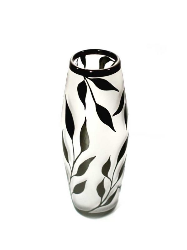 Black and White Willow Leaves Vase #8615 by Correia Art Glass