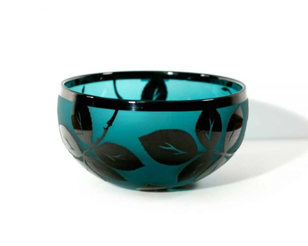 Emerald Black Leaves Bowl #8626 by Correia Art Glass