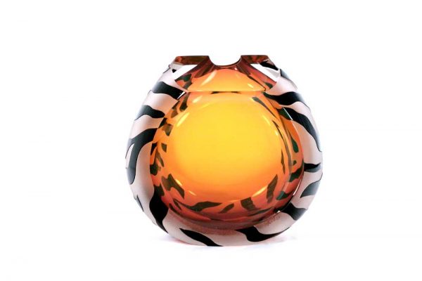 Amber and Black Tiger Tuxedo Vase #9224 by Correia Art Glass