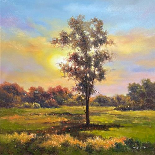 A New Day by Pan Mossi. Mossi creates stunning, landscapes with rich colors and thick textures. Each painting takes you to a peaceful serenity in the woods.