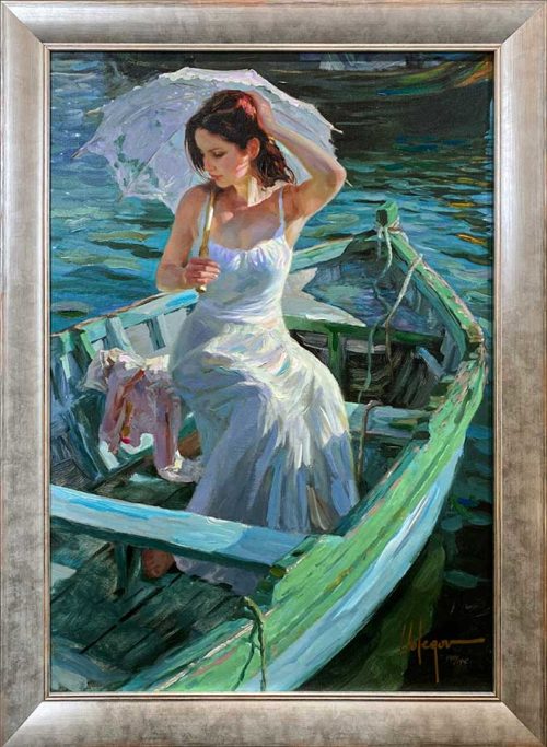 Figurative Painting of a Female on a Lake on a boat