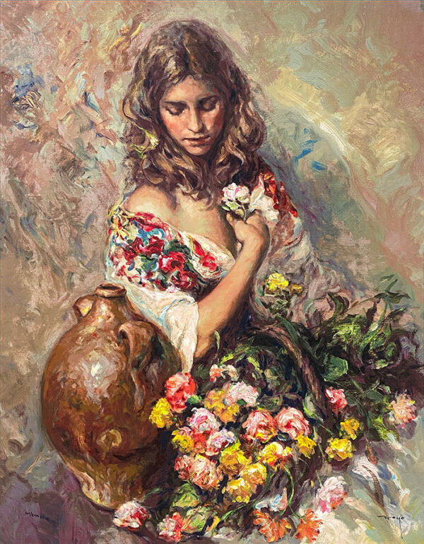 Impressionistic Painting of a Girl with Flowers