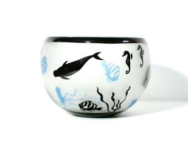 Aqua and Black Sea Life Bowl #8608 by Correia Art Glass