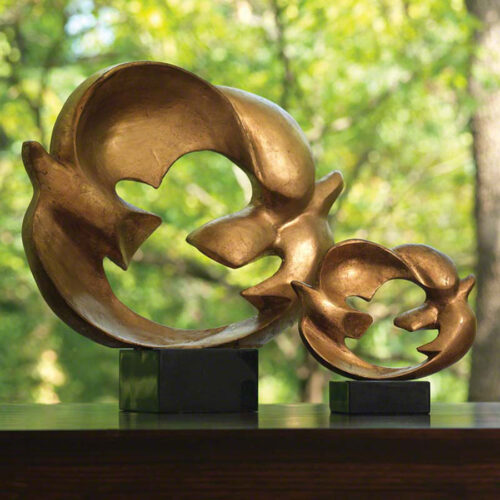 Doves of Peace (Small and Large) by Global Views Studio at Art Leaders Gallery. Two golden sculptures of circling birds with black granite bases. Doves of Peace Large 8.81580 and Doves of Peace Small 8.81581