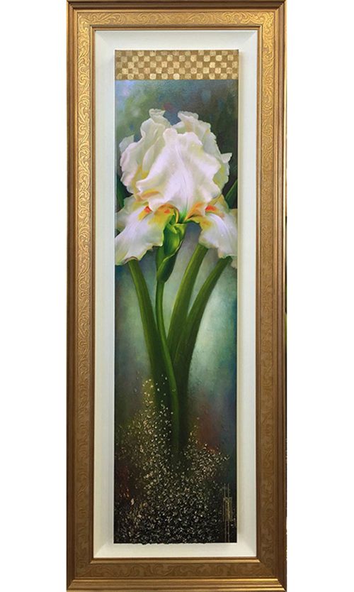 Early Morning Mist framed by Manaz at Art Leaders Gallery. Embellished white flower on canvas with gold frame.