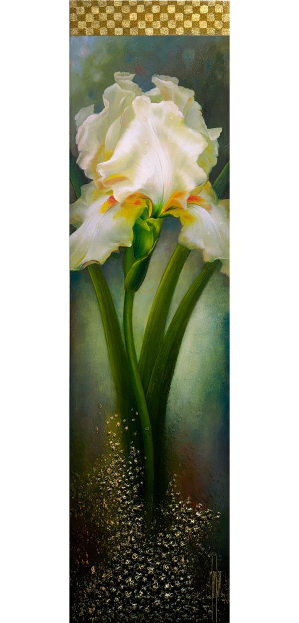 Early Morning Mist framed by Manaz at Art Leaders Gallery. Embellished white flower on canvas