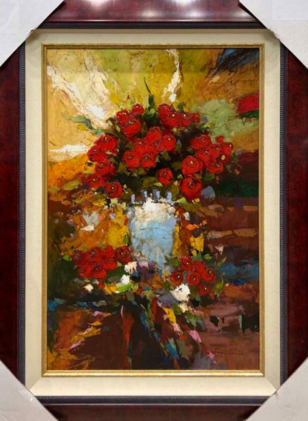 Red Rose Bouqet - Framed floral painting by Franklin. Framed in cherry burl with cream linen liner and gold fillet. contemporary floral still life of red roses in white vase