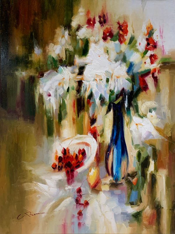 Original oil painting named Wild Flowers by C. Roman. An abstract still life of a wild flower bouquet with white and red flowers and a bowl of cherries