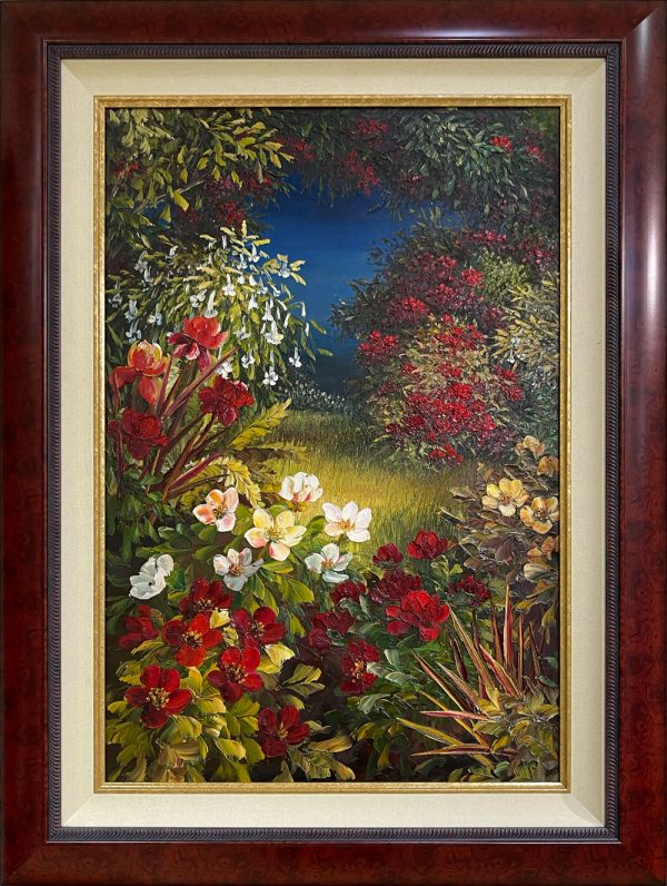 Framed original landscape painting of red and white flowers leading to a blue body of water. This original painting is framed in a triple-layer frame - traditional cherry burl with roping detail and a linen liner with gold fillet.