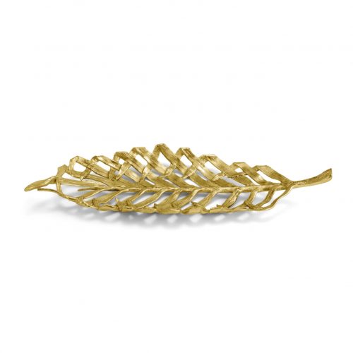 gold metal centerpiece platter shaped like a gold palm with weaved leaves. Michael Aram #174916