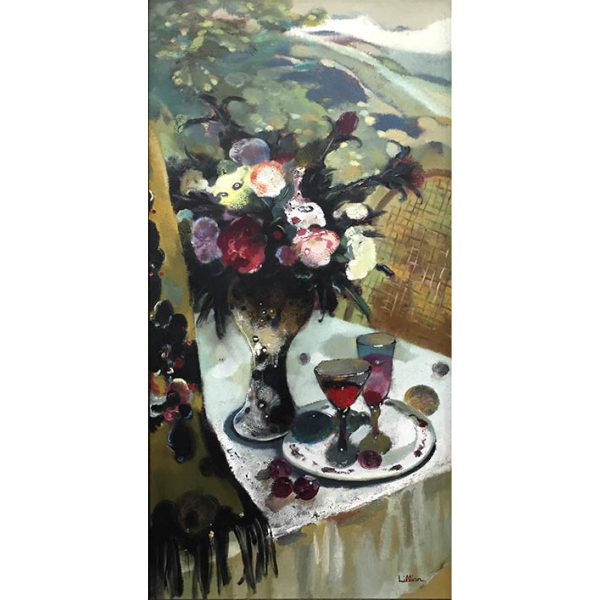 Spring Bouquet with Wine by Lillian is a contemporary still life floral with purple flowers and hues of green.