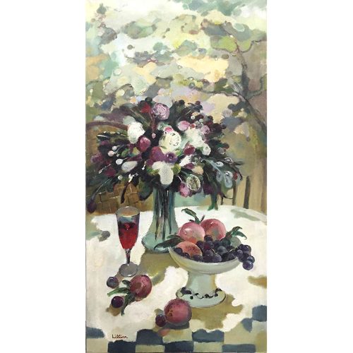 Spring Bouquet with Fruit by Lillian is a contemporary still life floral with purple flowers and hues of green.