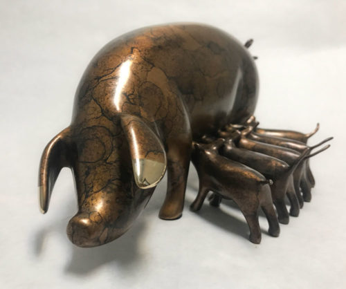 Loet Vanderveen Sculpture 544 “Sow and PIgletts” shown in marbled brown patina.