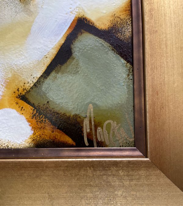 Figure Study II by David Martin at Art Leaders Gallery. Blotchy portrait of a woman in warm, earth tones. Framed in a chunky gold and bronze frame. Original oil painting on paper