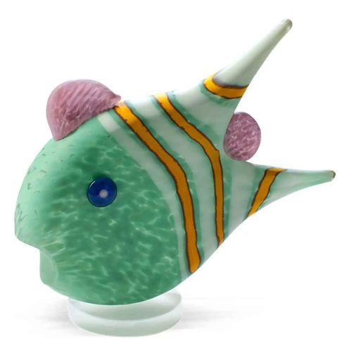 New Angelfish (Small) by Borowski Glass Studio at Art Leaders Gallery. glass fish sculpture with mint green body, purple dorsal fin, and yellow/white striped tail.