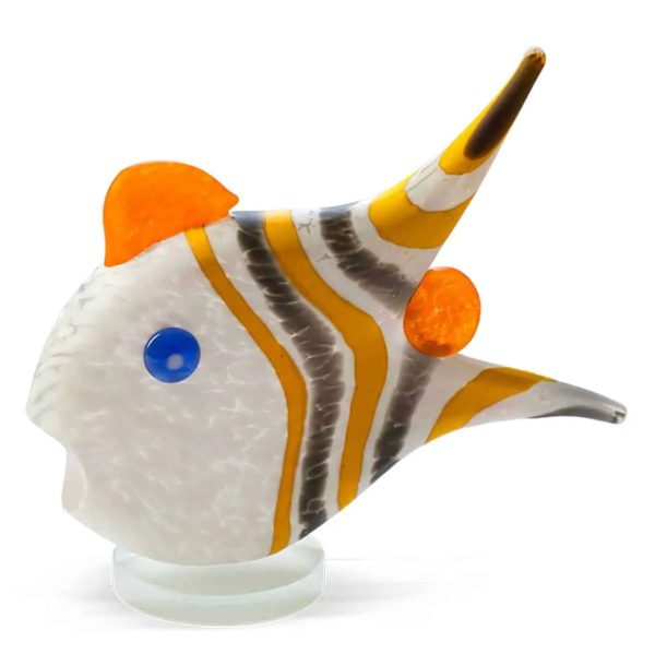 New Angelfish (Small) by Borowski Glass Studio at Art Leaders Gallery. glass fish sculpture with white body, orange dorsal fin, and yellow/black striped tail.