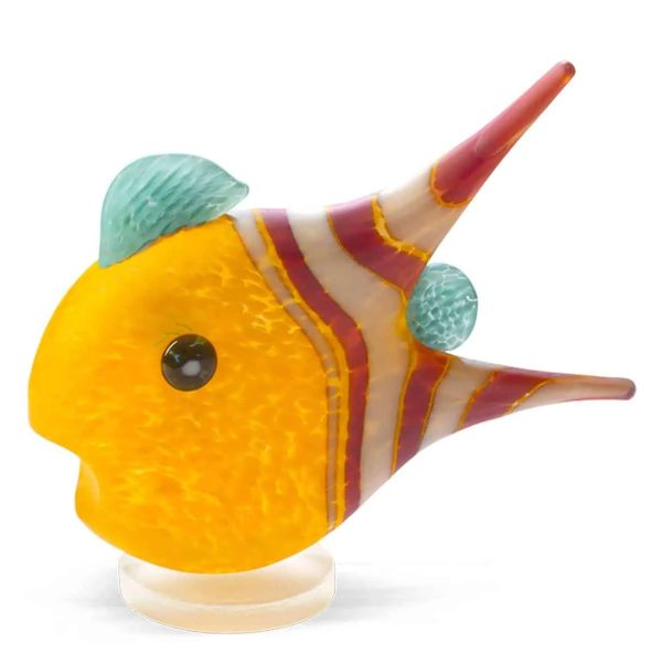 New Angelfish (Small) by Borowski Glass Studio at Art Leaders Gallery. glass fish sculpture with yellow body, teal dorsal fin, and red/white striped tail.