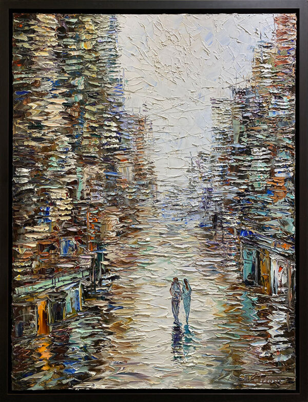 Oil Painting of Couple walking in City
