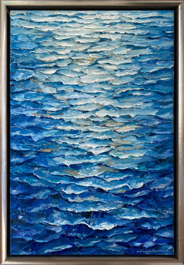 “Gleaming Waters III” by Andrii Afanasiev Art Leaders Gallery. Textured blue water oil painting in silver frame