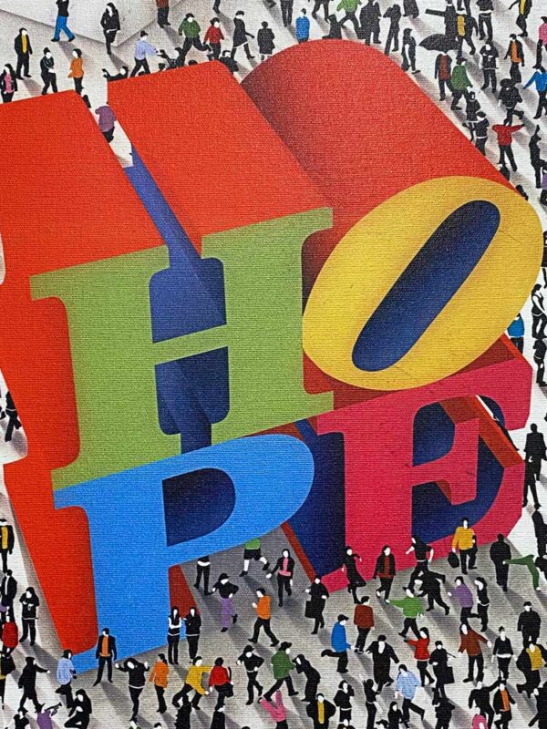 Hope Around the Corner by Craig Alan. Part of the populus series. Craig Alan’s illustration of Robert Indiana’s HOPE sculpture in New York City. Alan keeps true to the original design with bold colors and the signature tilted “O”. Like the crowds in the city, Alan’s Populus figures congregate around the sculpture, admiring the size and what it stands for.