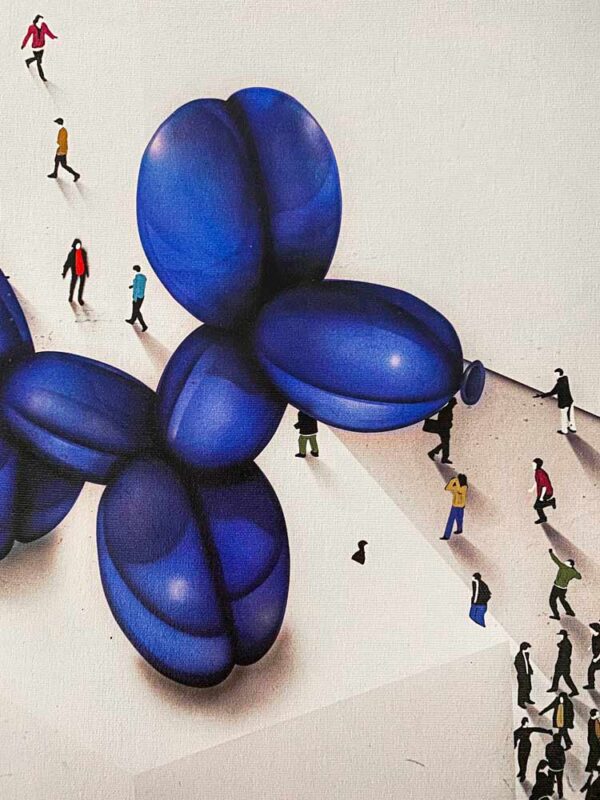 The Underdog by Craig Alan. Part of the Populus Series, blue balloon dog sculpture surrounded by people