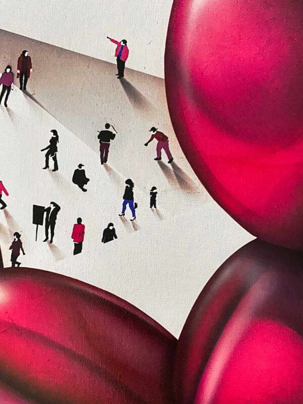 The Underdog II by Craig Alan. Part of the Populus Series, pink balloon dog sculpture surrounded by people