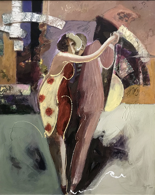 Passionate Dance by Mahmood Sabzi at Art Leaders Gallery is a framed, limited edition giclee on canvas of a woman and a man dancing. The abstracted figures are surrounded by an abstracted background of colors.