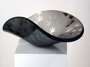 Black Glass Vessel with Japanese flowers and leaves