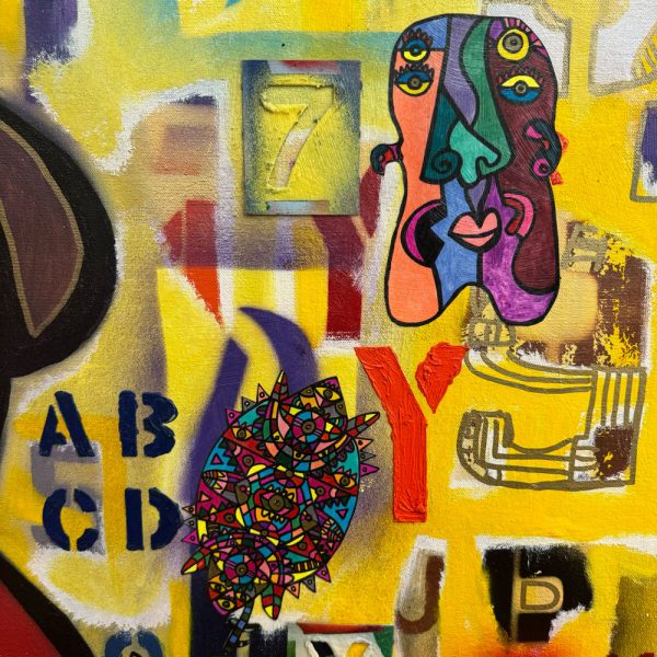 Long Kiss by Rodney Denne. Original Mixed media on canvas. TWo figures holding hands and kissing. Abstract figures floating around with letters on a yellow background.