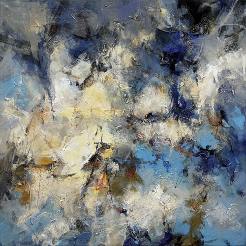 Blue Essence I by David Ma at Art Leaders Gallery. A 46x46 original abstract painting on canvas. Blue and tan colors.