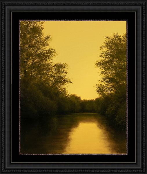 Brandywine Evening by Alexander Volkov; pond and trees scene at dusk with black frame