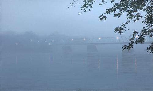 Evening Fog Alla Prima by Alexander Volkov; bridge and river in heavy blue fog