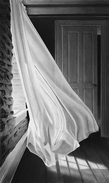 Moon Dancing by Alexander Volkov; black and white curtain flowing in the wind at night