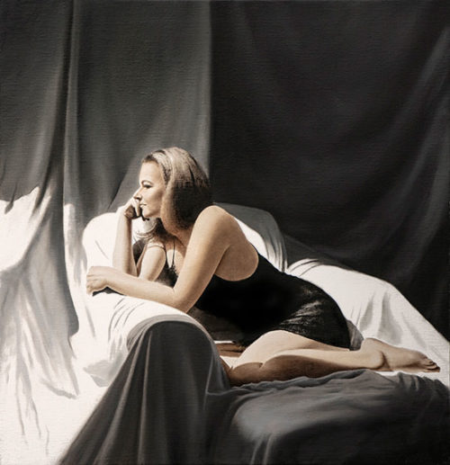 Noir by Alexander Volkov; woman laying in bed looking out a window