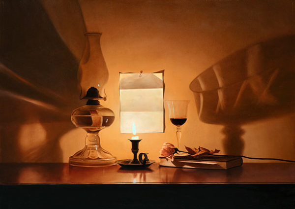 PS I Love You by Alexander Volkov; candle lit still life with a letter pinned to the wall.