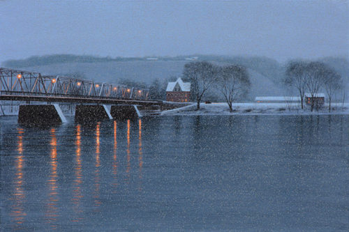 Winter Crossing Alla Prima by Alexander Volkov; river and bridge scene during a nighttime snowfall