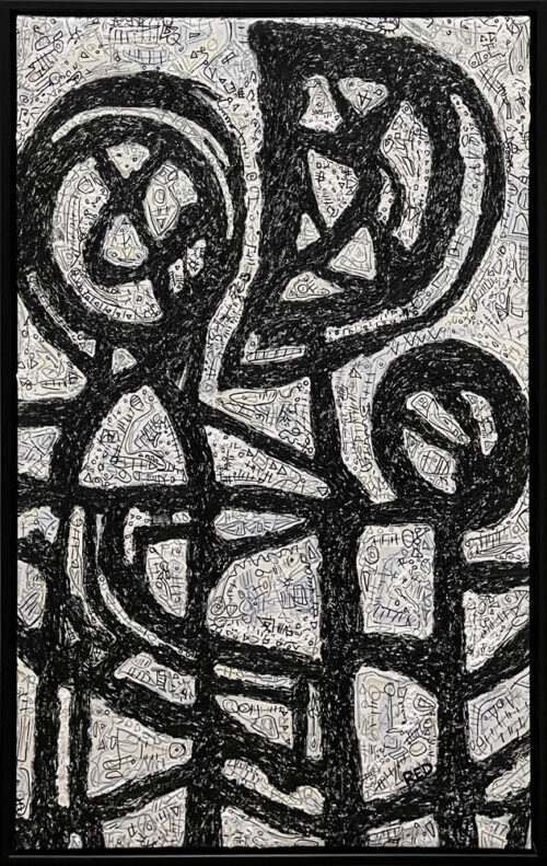 Affectum by Rodney Denne (RED) from the “Dialogue” series. Black and white abstract oil painting on canvas.
