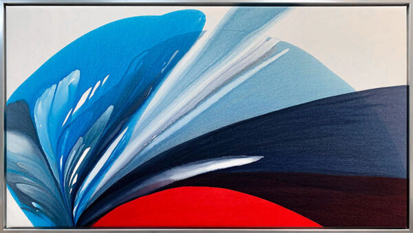 Blue Monarch I by Antonio Molinari at Art Leaders Gallery. Framed poured paint abstract on canvas with bold red and blue colors