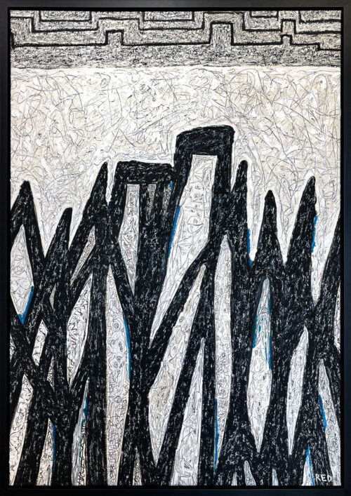 Summit by Rodney Denne (RED) from the “Dialogue” series. Black and white abstract landscape oil painting on canvas.