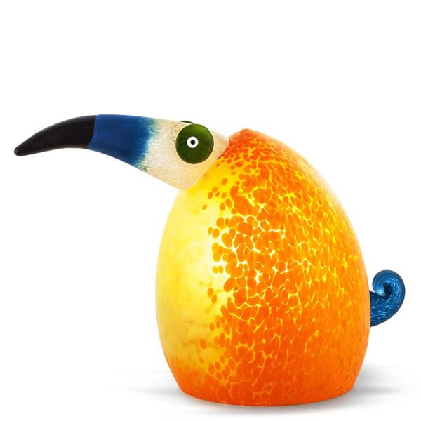 orange, yellow, blue, and white glass toucan lamp