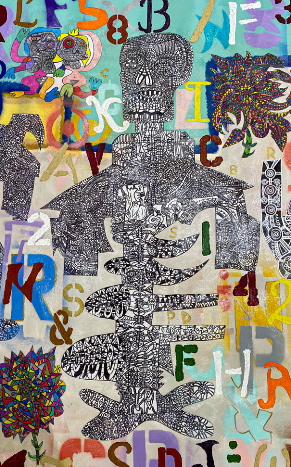 Anno Domini Anthropomorphic by Rodney Denne (RED) from the “Exposed” series. Colorful grafitti style, with skeletal figures, letters, and numbers.