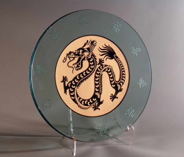 Round Glass Platter with Asian Dragon in Gold