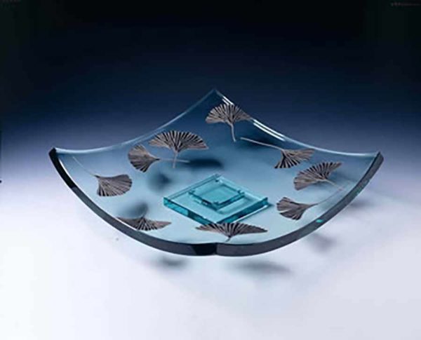 Clear Platter with Etched Ginkgo Leaves