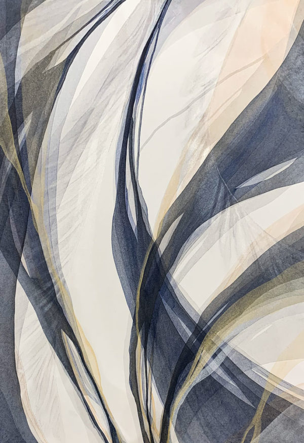 Smoky Veil by Antonio Molinari at Art Leaders Gallery. Blue, gold, and white poured paint abstract.