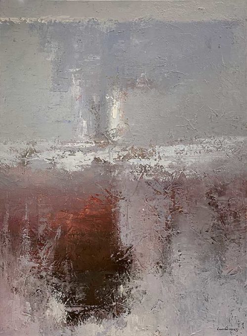 Abstract Grey, Red, and White Oil Painting