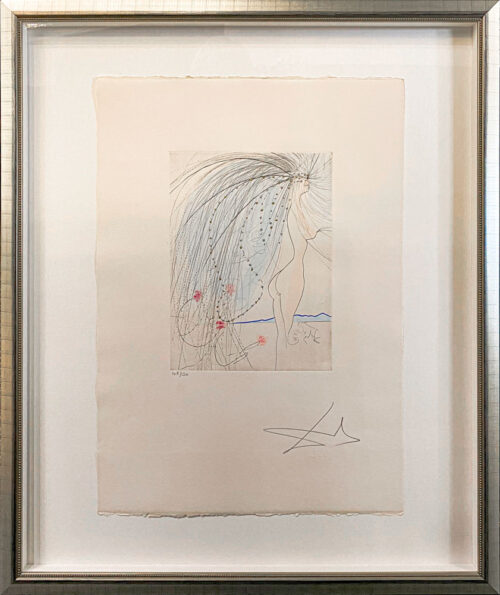 Diane de Poiters by Salvador Dali - Argillet Collection. Original etching of nude woman with wild hair and blue veil. French noble woman of the early 16th century.