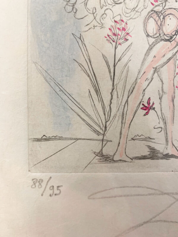 Secret Poems of Apollinaire: Petits Nus Apollinaire III by Salvador Dali - Argillet Collection. Original etching on japon. Surreal illustration of the “Secret Poems” written by Guillaume Apollinaire. Nude woman reading with flowers.