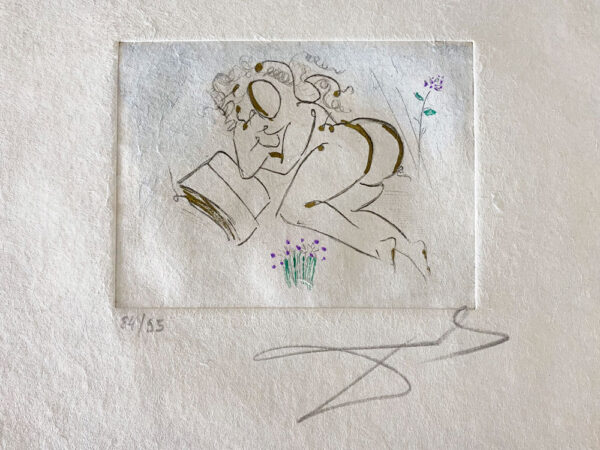 Secret Poems of Apollinaire: Petits Nus Apollinaire IV by Salvador Dali - Argillet Collection. Original etching on japon. Surreal illustration of the “Secret Poems” written by Guillaume Apollinaire. Nude woman reading with flowers.