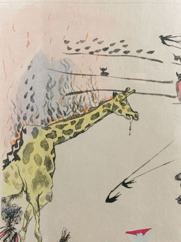 Surrealistic Bullfight: Burning Giraffe by Salvador Dali - Argillet Collection. Original surrealistic bullfight etching on Japon. Inspired by Picasso’s Tauromachie. Bullfight with a giraffe in flames.